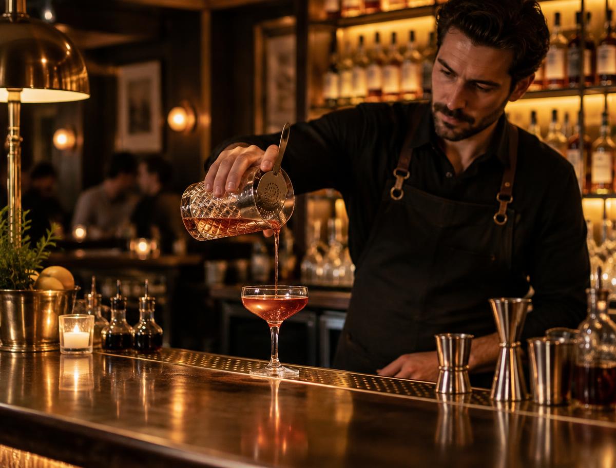 Barkeeper mixt einen Cocktail an der beleuchteten Bar
