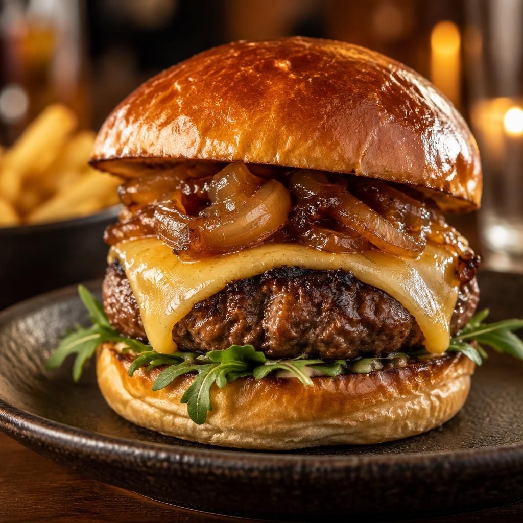 Signature Burger im Brioche-Bun auf dunklem Teller