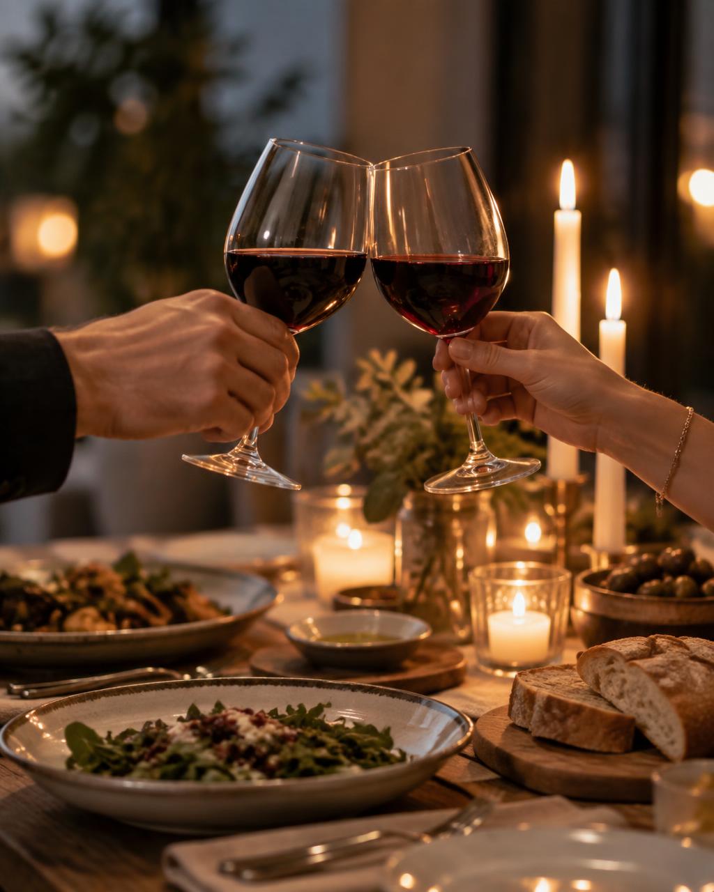 Zwei Gäste stoßen mit Rotwein an einem gedeckten Tisch an
