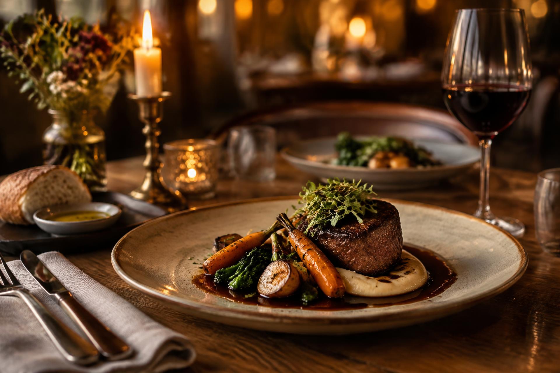 Gedeckter Restauranttisch mit Hauptgericht, Kerzenlicht und Rotwein